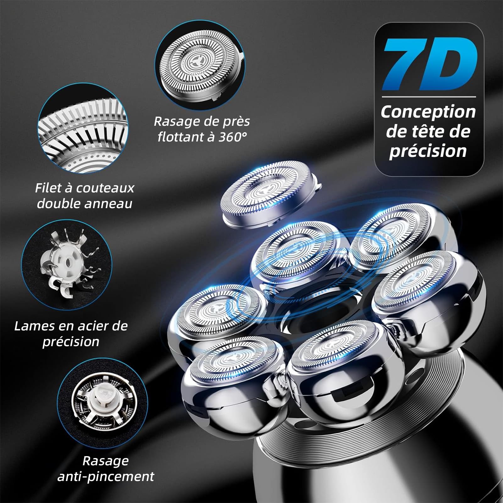 Rasoir Electrique 5 en 1 pour Hommes - Tondeuse Cheveux 7D Rotative, IPX7 Étanche, Rechargeable USB-C, Écran LED, Utilisation Sec et Humide - Idéal pour Voyage, Maison et Bureau