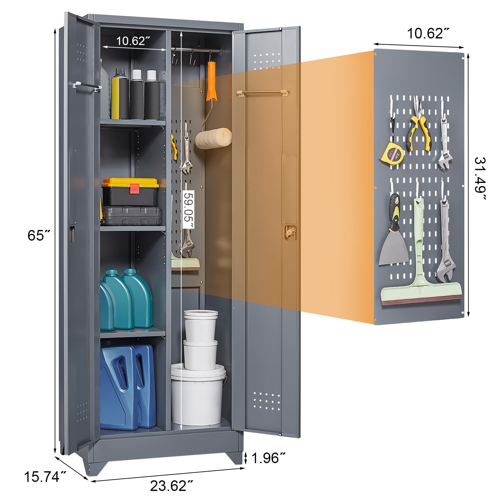 GREATMEET Broom Closet Cabinet with Pegboard & Hanging Rod - Wall Mounted Cleaning Supplies Storage Organizer for Bathroom, Garage, Laundry Room - Space Saving Household Organization Solution