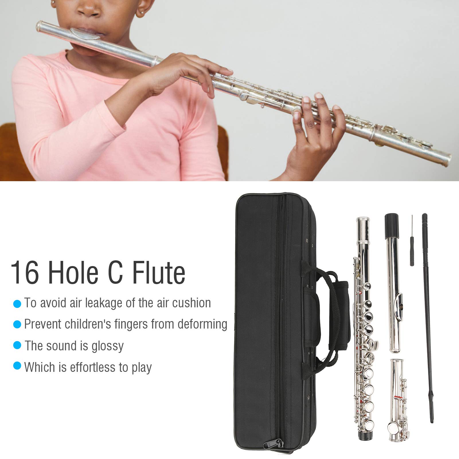 16 Hole C Key Flute - Closed Hole Brass Flute for Beginners with Storage Bag & Cleaning Stick (Silver) | Enhanced Tube Resonance for Clear Sound | Perfect for School Bands, Music Lessons & Home Practice