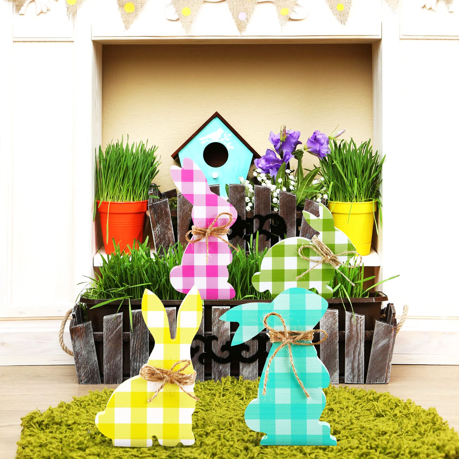 4 Pcs Easter Bunny Wooden Table Signs - Bunny Shaped Farmhouse Decor for Spring, Easter Bunny Dining Room Table Decor with Rope (Plaid) - Perfect for Easter Celebrations, Home Decor, and Seasonal Party Decorations