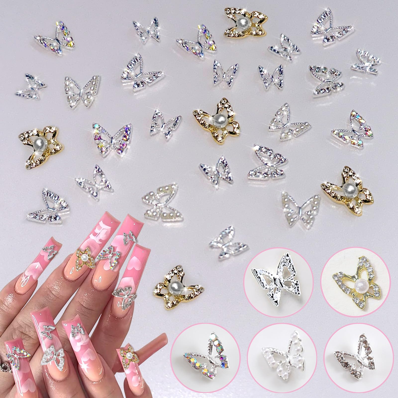 KWOLYKIM 50pcs Silver Diamond Butterfly Nail Charms - 3D Metal Butterfly Nail Gems & Rhinestones for Y2K Nail Art, DIY Manicure Jewelry Accessories - Perfect for Nail Decoration, Parties, and Special Occasions