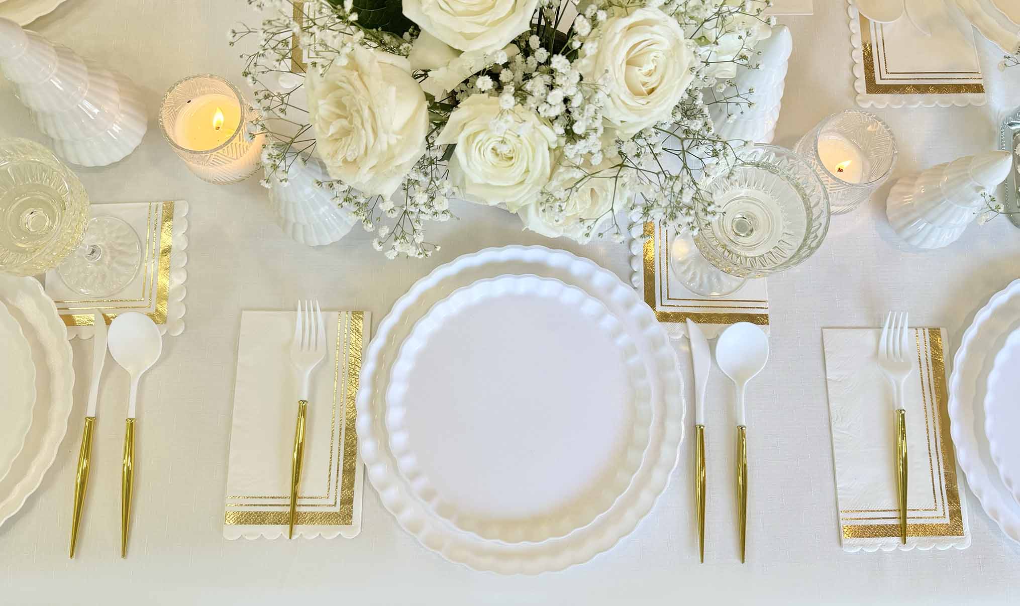Eco-Friendly White and Gold Table Setting for Weddings, Parties & Formal Dining - Sustainable Dinnerware Set