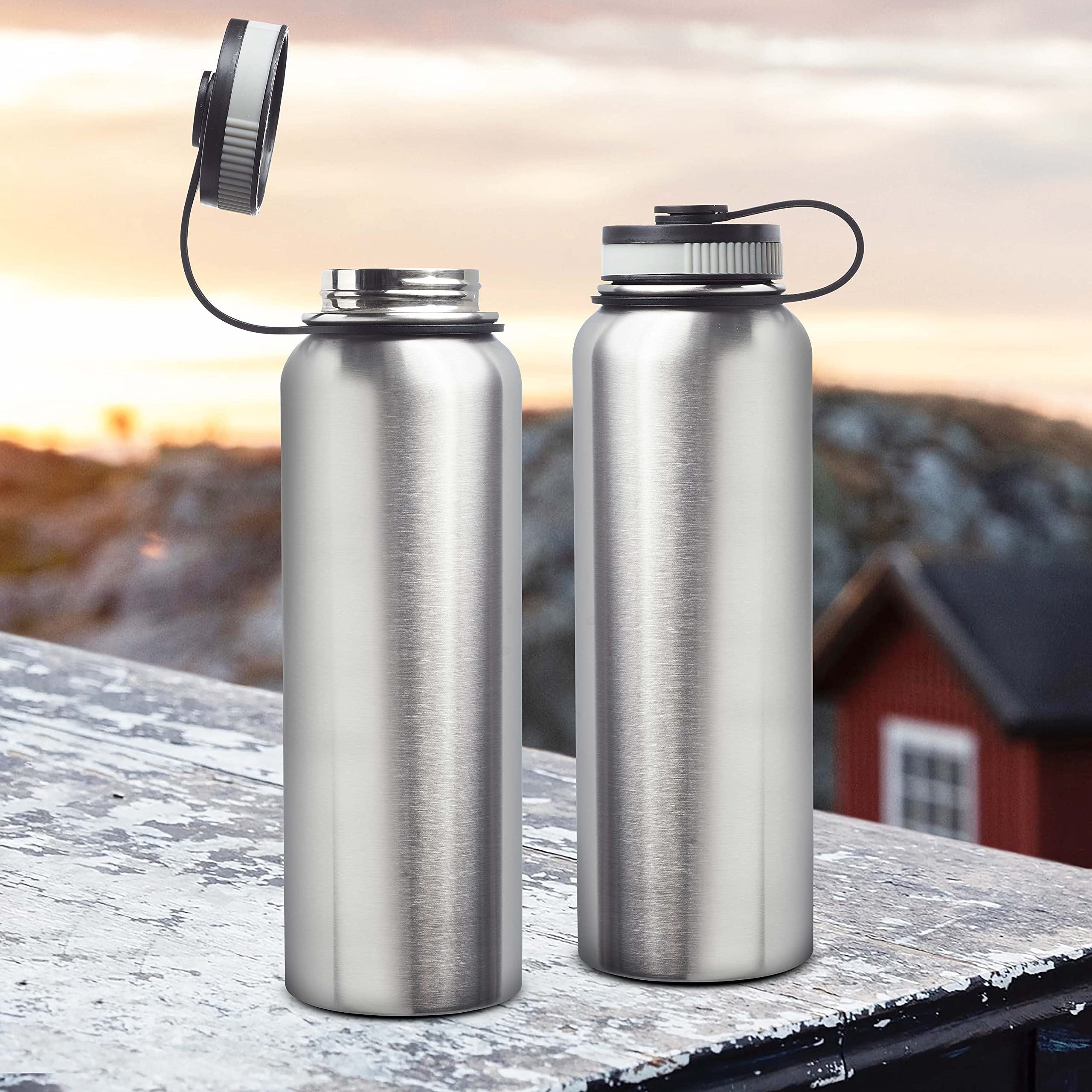 6 Pack 41 oz Stainless Steel Vacuum Insulated Water Bottles - Double Wall Silver Thermal Flask - Perfect for Hiking, Gym & Outdoor Activities