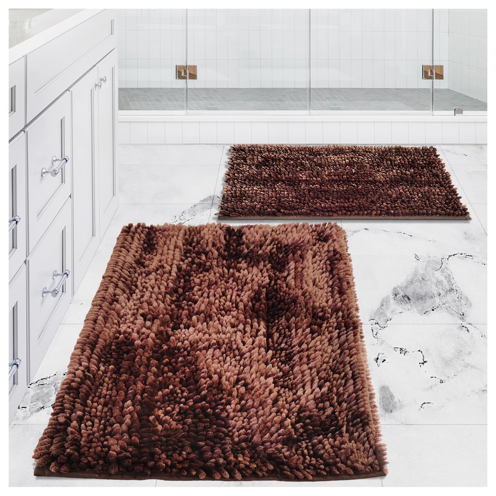 Non-Slip Chenille Bathroom Rug Set - 2 Piece Soft Washable Bath Mats (31x20 & 24x16 Inch) for Bathroom Safety & Comfort - Perfect for Bathroom, Shower, and Vanity Areas