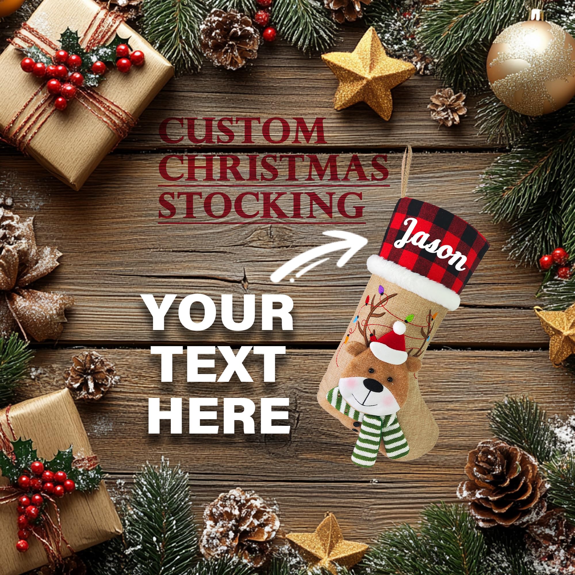 Personalized Christmas Stockings with Name - Custom Holiday Stockings for Fireplace & Tree Decor - Burlap Plaid Xmas Party Gifts for Family & Kids (3D Reindeer Design) - Perfect for Christmas Eve, Family Gatherings & Festive Home Decor