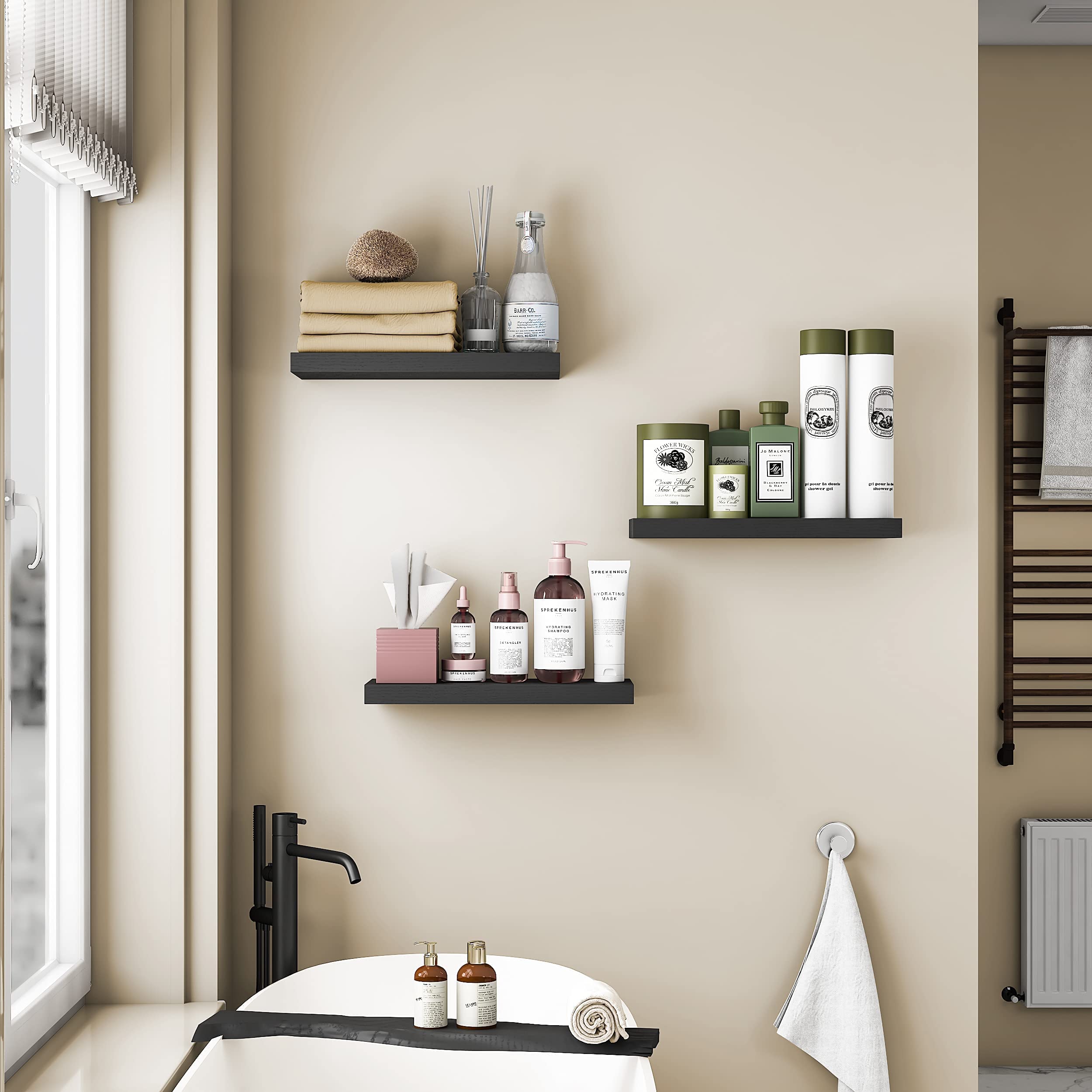 Premium Black Floating Shelves Set of 2 - Invisible Wall Mounted Wooden Shelves & 5-Tier Corner Shelf for Home Organization - Perfect for Living Room, Bedroom, Bathroom, Kitchen & Office Storage | Space-Saving Wall Decor & Display Solution