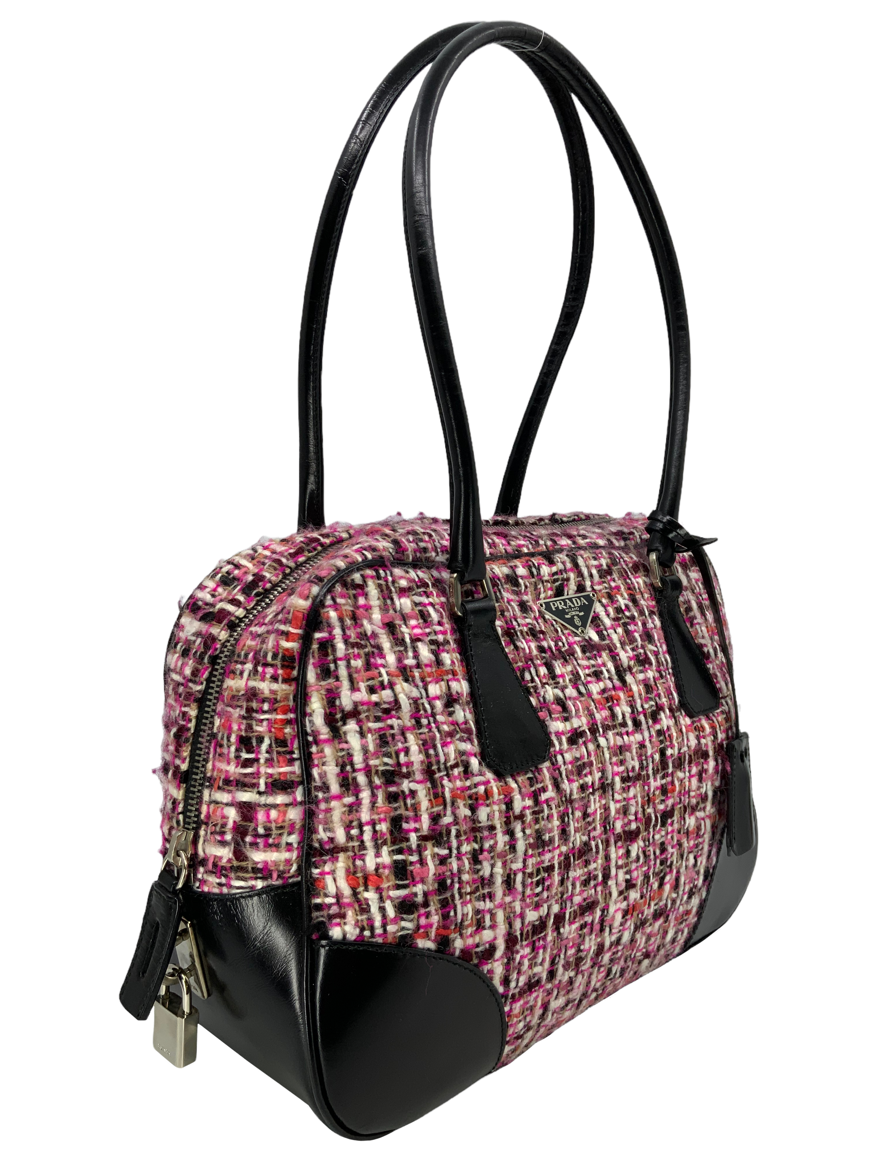 PRADA Tweed Leather Boston Bag for Women - Luxury Designer Handbag for Work, Travel & Everyday Use