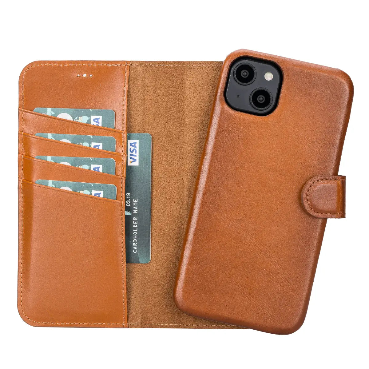 Premium Burnished Tan Leather Magnetic Wallet Case for iPhone 14 Plus - Slim Protective Cover with Card Slots & Strong MagSafe - Perfect for Work, Travel & Everyday Use