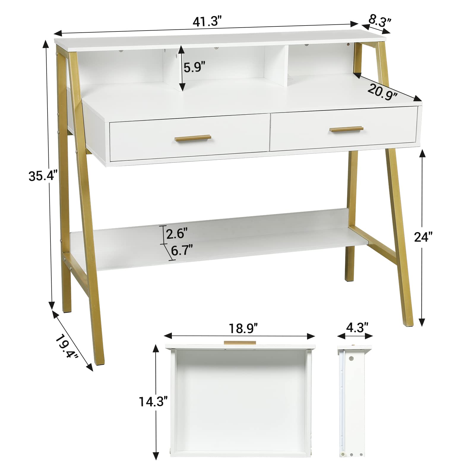 Tiptiper 41 Inch Modern Computer Desk with Drawers & Storage Shelf - White and Gold Home Office Desk with Monitor Stand, Study Writing Table, Laptop PC Workstation (Perfect for Small Spaces, Home Office, Gaming Setup & Remote Work)