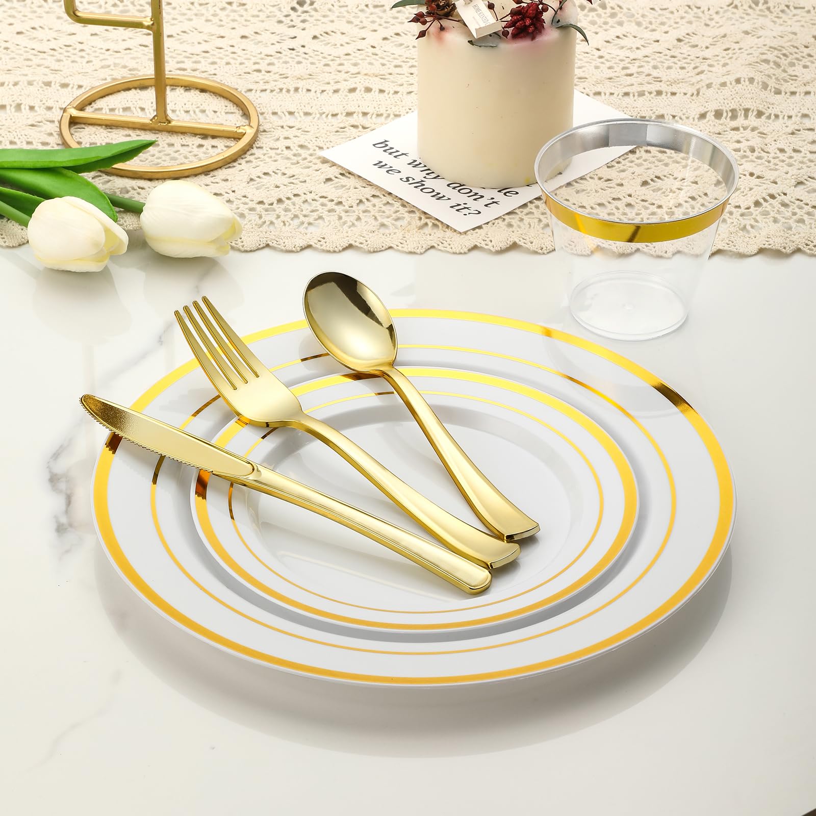 600-Piece Gold Plastic Dinnerware Set for 100 Guests - Disposable Plates, Forks, Knives, Spoons & Cups for Parties, Weddings, Birthdays - Elegant & Convenient for Large Gatherings & Events