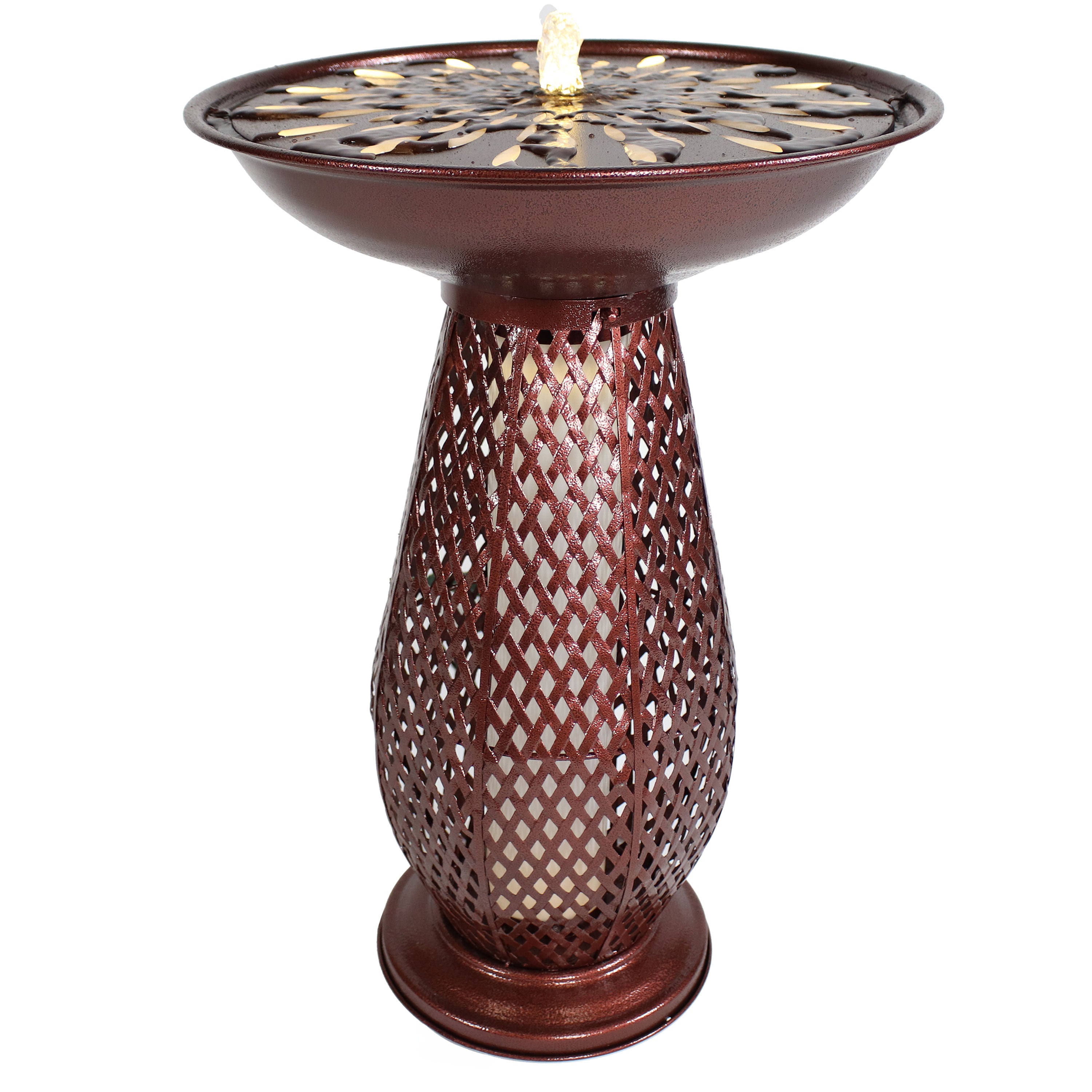 Sunnydaze Iron Crosshatch Bird Bath Fountain with LED Lights - 28.75 Inch Outdoor Garden Decoration for Birds & Wildlife - Perfect for Backyard, Patio, and Lawn Decor