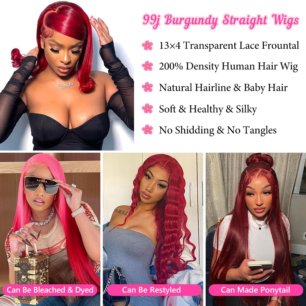99J Burgundy Lace Front Wig Human Hair 13x4 Glueless HD Transparent Red Wig - 200% Density Pre Plucked with Baby Hair for Women (26 Inch) | Perfect for Cosplay, Parties, Weddings & Daily Wear