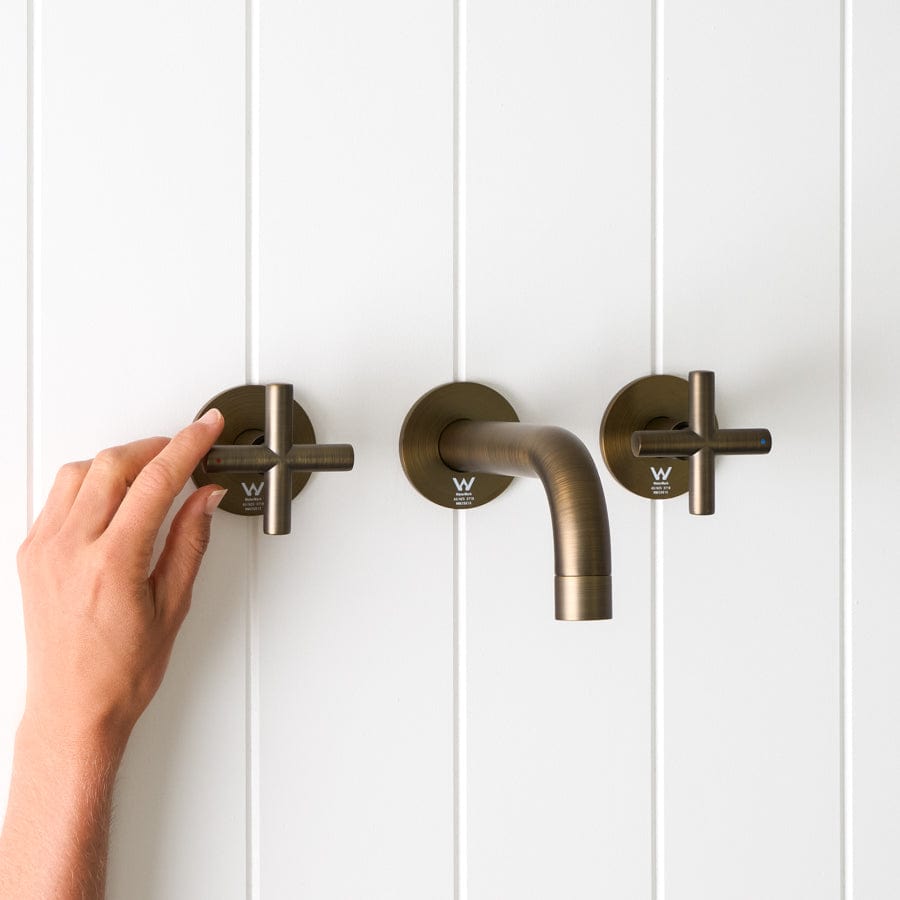 Antique Brass Sydney Wall Spout with Cross Taps - Vintage Bathroom Faucet for Classic Home Decor & Bathroom Renovation