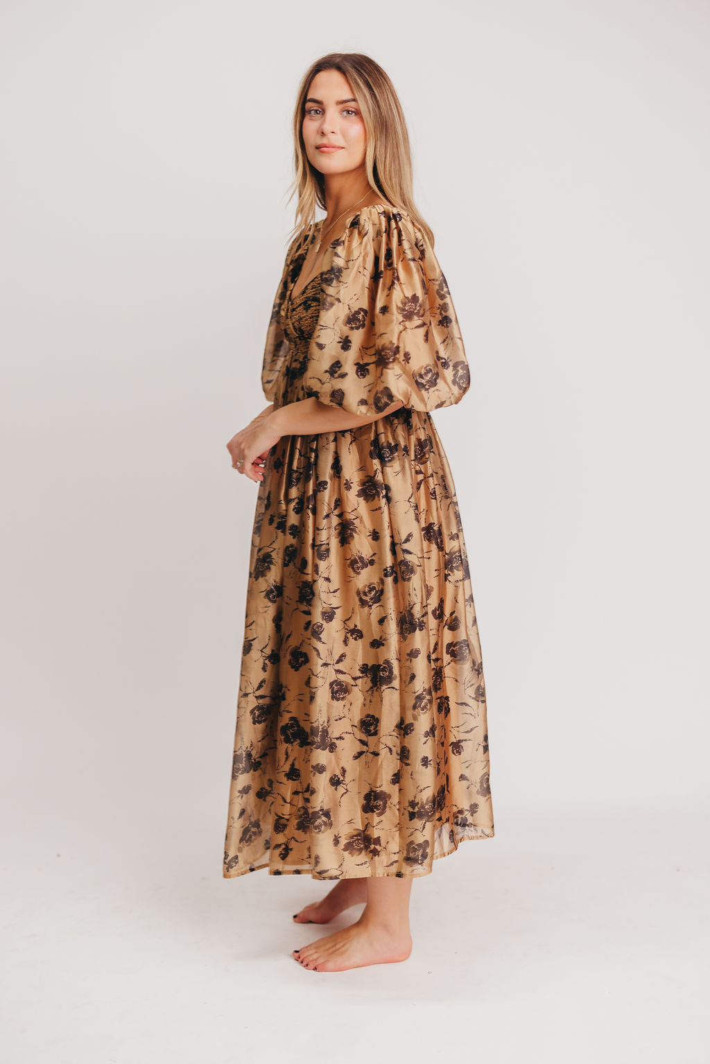 Harlow Camel & Black Floral Maxi Dress with Stretchy Neckline - Bump Friendly Maternity Dress for Women | Perfect for Pregnancy, Special Occasions & Everyday Wear (Restocking Early Fall)