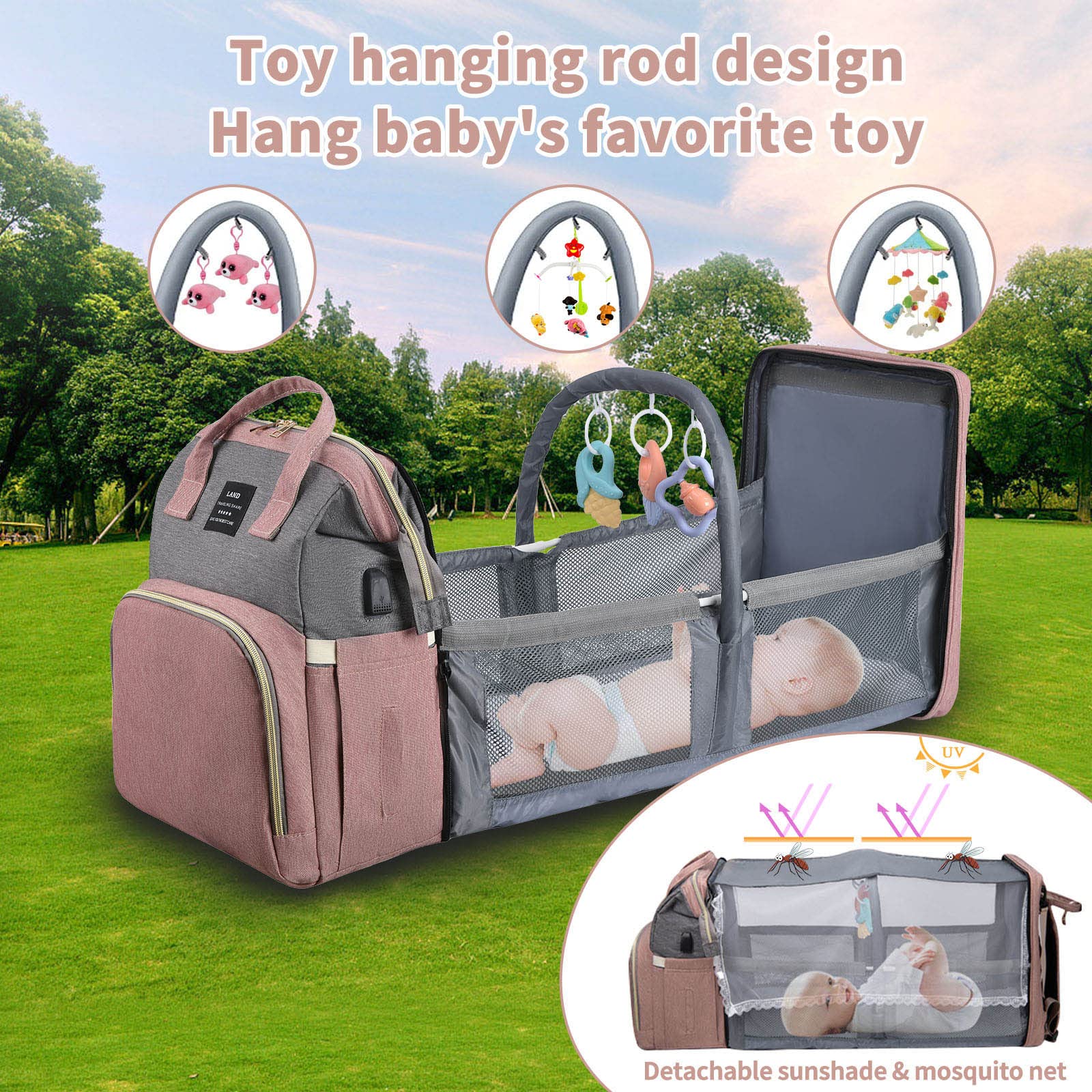 ANWTOTU Large Capacity Diaper Backpack with Changing Station - 900D Oxford Waterproof Diaper Bag for Boys & Girls (Pink Grey) - Perfect for Travel, Daycare & On-the-Go Parents