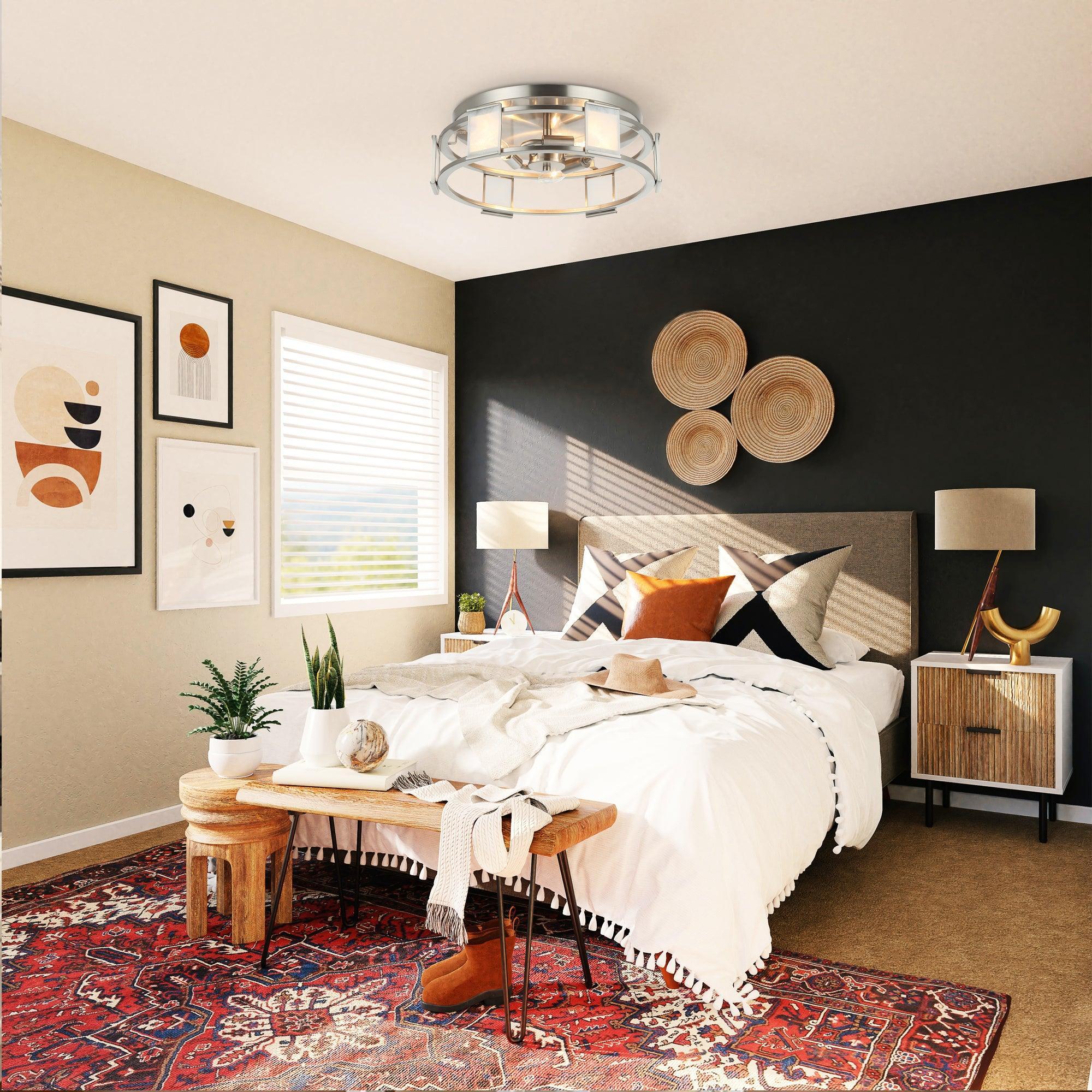 15 Inch Satin Nickel 3-Light Flush Mount Ceiling Fixture - Industrial Style Lighting for Kitchen, Bedroom, or Hallway