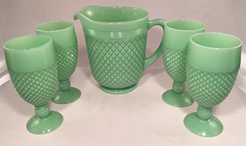 Premium Glass Water Pitcher Set - Addison Pattern - Handcrafted in USA by Mosser Glass - 5-Piece Jadeite Collection - Perfect for Iced Tea, Lemonade & Elegant Table Settings