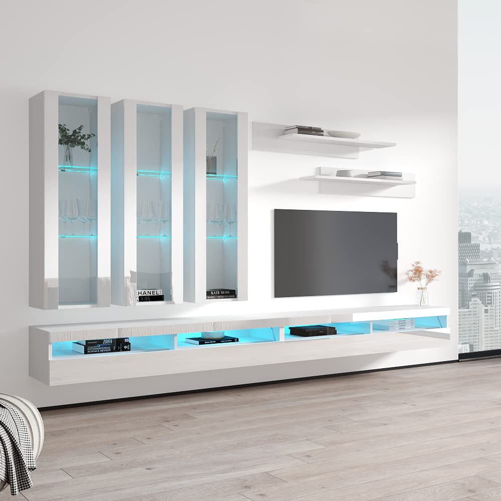 Modern Floating TV Stand with Storage & LED Lights - Wall Mounted Entertainment Center for Bedroom & Living Room - 35 Inch TV Console with Shelves - White - Perfect for Small Spaces & Home Theater Setup