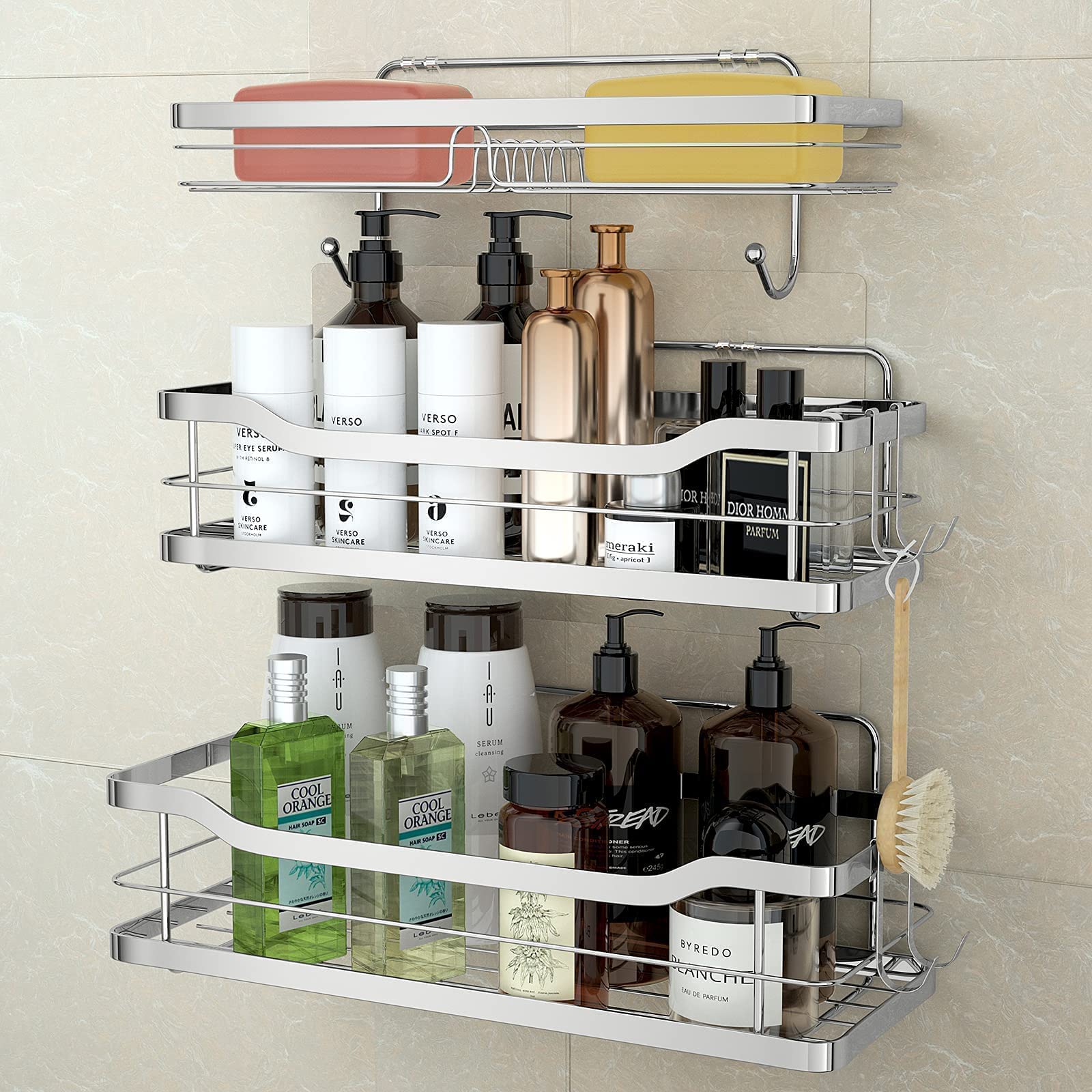 Stusgo Adhesive Shower Caddy Wall Mount - No Drill Bathroom Storage Shelf with 4 Hooks & Double Soap Dish Holder, SUS304 Stainless Steel (3 Pack) - Perfect for Small Bathrooms, Apartments & Dorm Showers