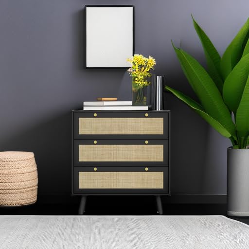 Modern Black Wood Dresser with 3 Drawers & Rattan Accents - Spacious Storage Chest for Bedroom & Living Room | Perfect for Organizing Clothes, Linens & Home Decor (Model H0075)