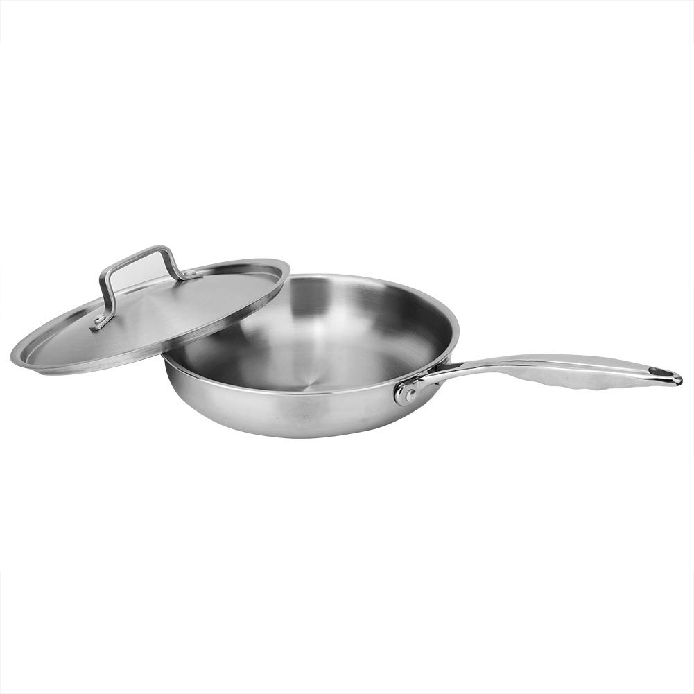 Non-Stick Wok Saucepan - Uncoated 304/403 Stainless Steel & Aluminum 3-Layer Flat Bottom Frying Pan 24cm with Lid - Durable Kitchen Cooking Tool for Stir-Fry, Sautéing & Home Cooking