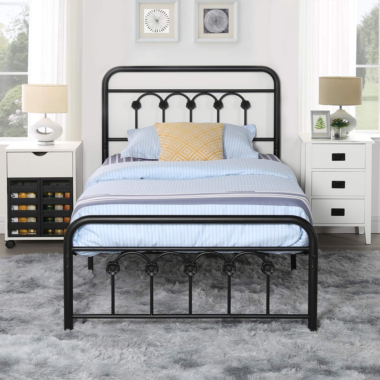 VECELO Twin Size Victorian Style Metal Bed Frame with Headboard - Classic Dark Black Platform Bed with Footboard & Under Bed Storage - No Box Spring Needed - Perfect for Guest Rooms, Kids Rooms & Small Spaces