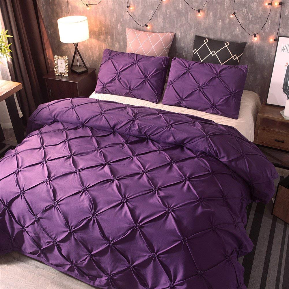 Luxury Twin Duvet Cover Set - Soft Purple Pinch Pleat Pintuck Bedding with Pillowcases, Brushed Microfiber Polyester Comforter Cover, Geometric Design (2Pcs) - Perfect for Master Bedroom, Guest Room & Dorm Decor