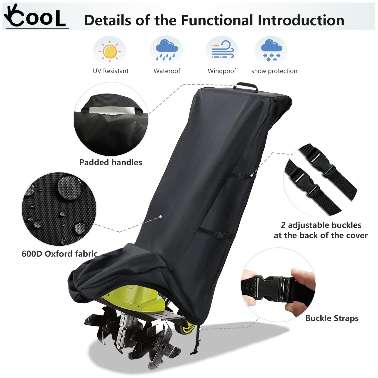 Okcool Heavy Duty Waterproof Electric Tiller Cover for Sun Joe Garden Cultivator - UV Protection, All-Weather Protection - Perfect for Outdoor Storage & Winter Protection
