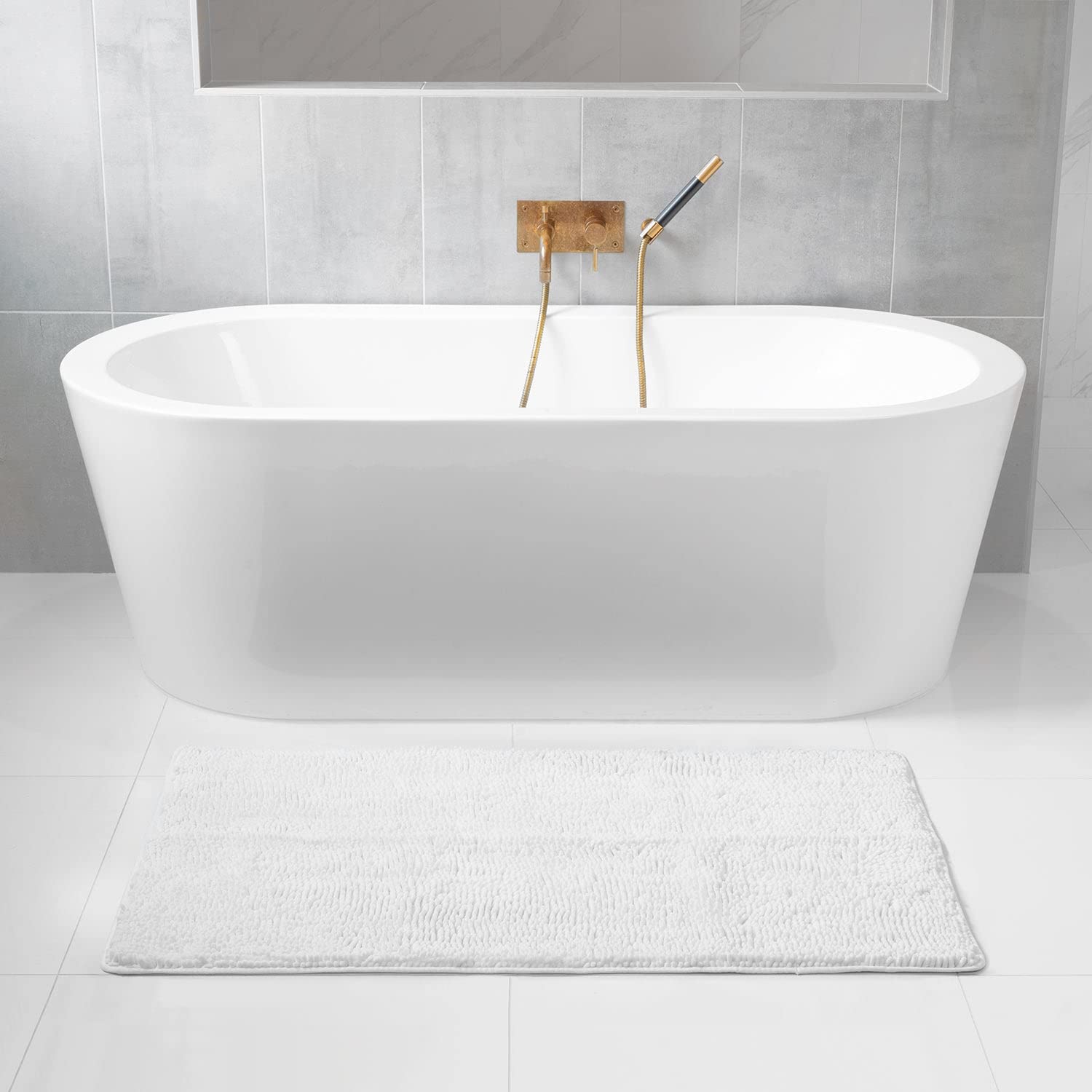 Premium Tafts Bathroom Rugs - Ultra Soft Chenille Microfiber Shaggy Bath Mat with Extra Thick Memory Foam, Super Absorbent & Non-Slip (21x47 Inches, Cool White) - Machine Washable for Easy Care - Perfect for Bathroom, Spa, and Master Suite Decor