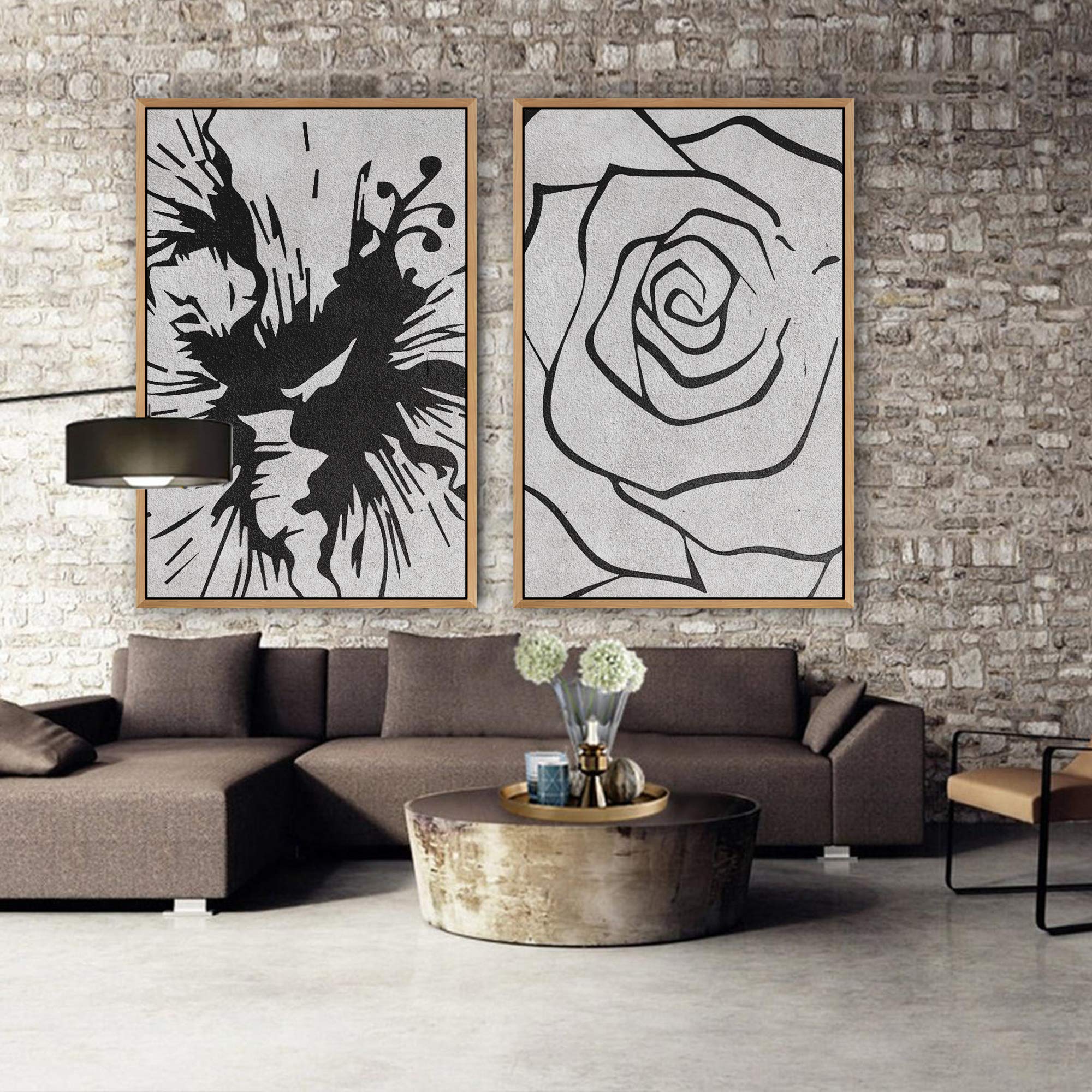 SIGNWIN 2-Panel Framed Canvas Wall Art - Black and White Floral Print Home Decor for Living Room, Bedroom, Office - 24