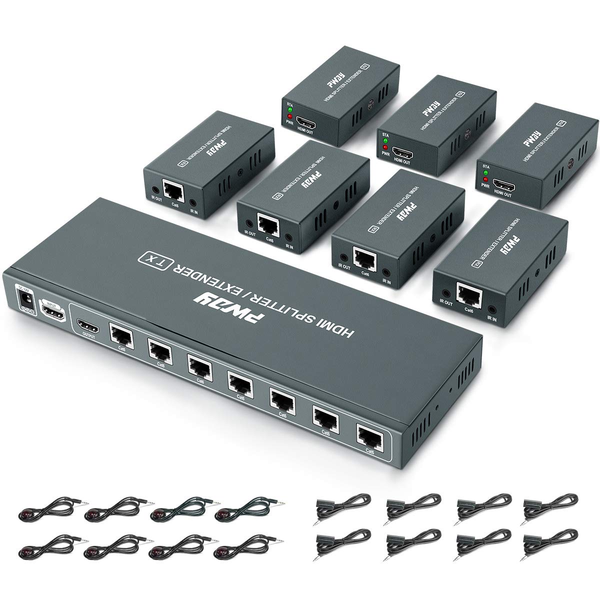 7 Port HDMI Extender Splitter Over CAT6/CAT6a/CAT7 - 1080p 60Hz up to 50m (165ft) with HDMI Loop Out, Bi-Directional IR Remote & EDID Management (1 in 7 Out) - Perfect for Home Theater, Conference Rooms & Multi-Screen Displays