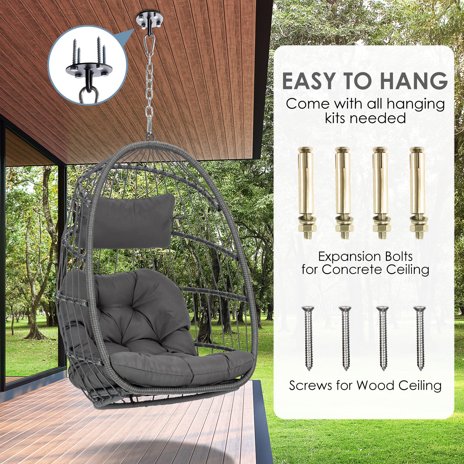 Yechen Foldable Aluminum Hanging Egg Chair - Indoor/Outdoor Rattan Swing with UV-Resistant Cushions for Patio, Balcony, Bedroom - Perfect for Relaxing in Garden, Porch or Living Room