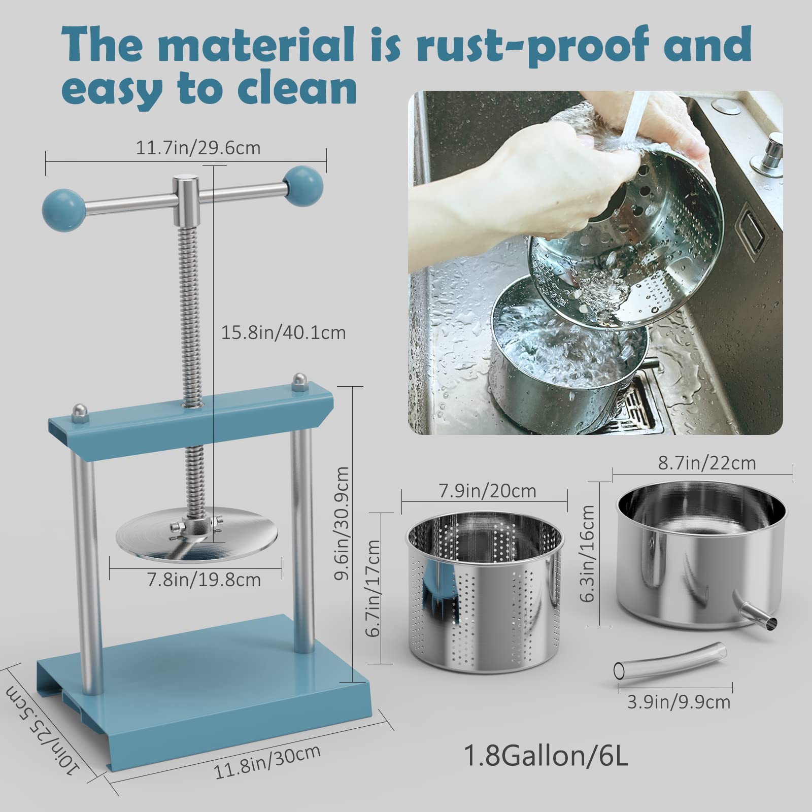 Premium Manual Fruit Press 1.6 Gallon (6L) - Stainless Steel & Iron Juice Extractor for Wine, Cider, Cheese, Herbs - Ergonomic Power Ball Handle - Perfect for Home Brewing, Olive Oil Extraction & Kitchen Use
