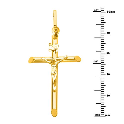14K Yellow Gold Crucifix Cross Pendant with 1.7mm Flat Open Wheat Chain Necklace - Religious Jewelry for Men & Women - Perfect for Baptism, First Communion, Confirmation & Everyday Faith Wear