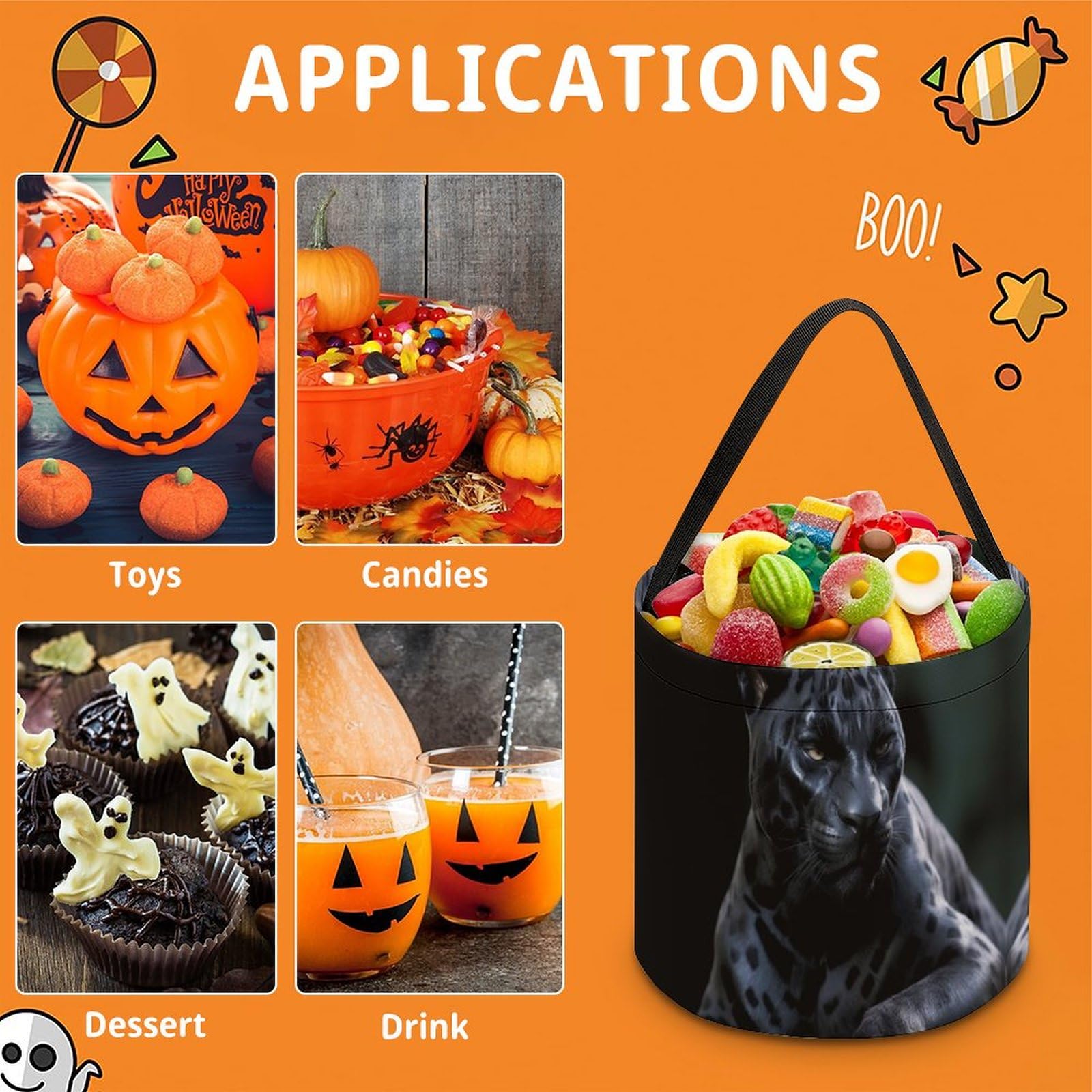 Halloween Tote Bags - Large Trick or Treat Bags for Kids & Adults, Black Panther Themed Candy Bucket for Halloween Parties & Trick-or-Treating