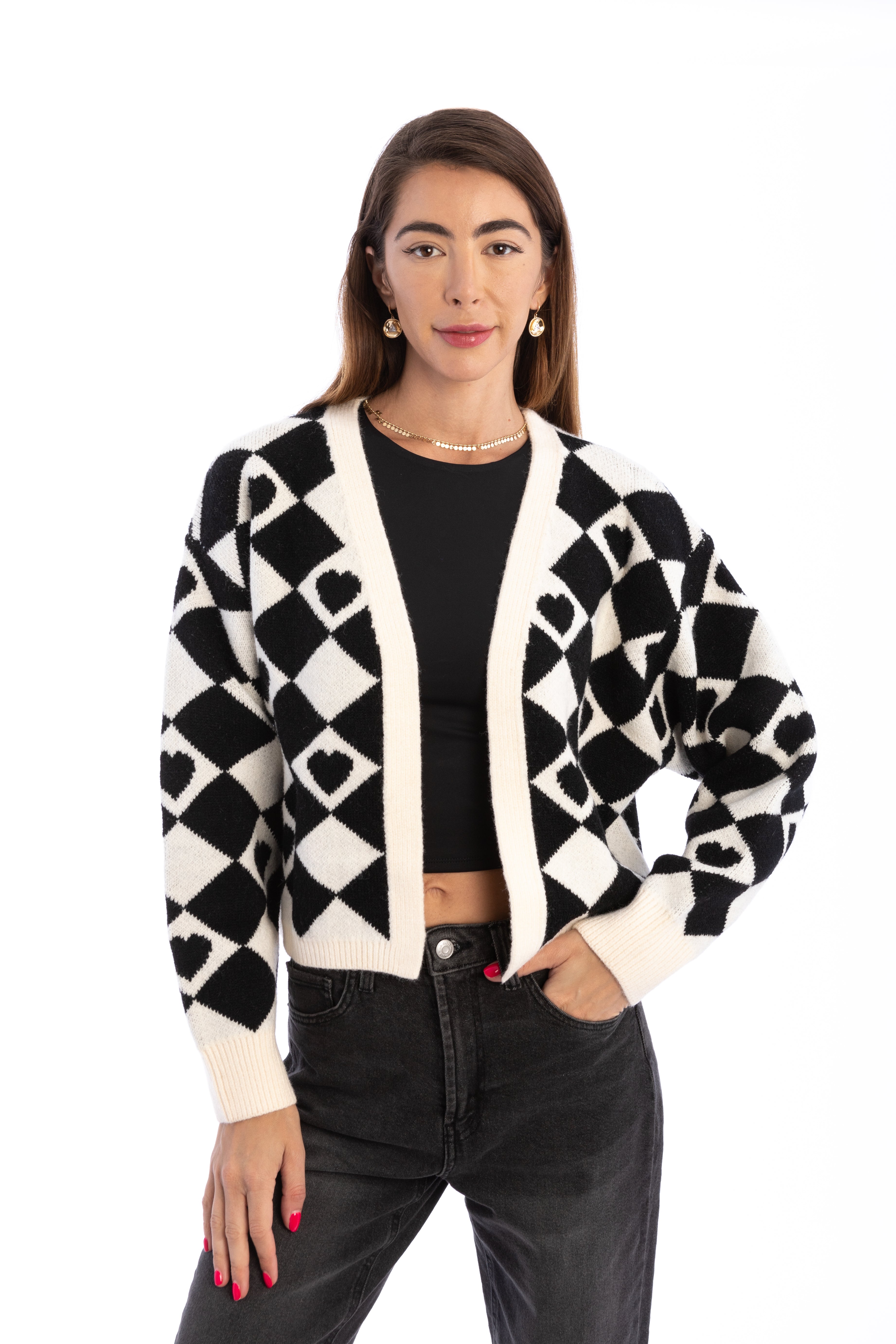 Checkered Hearts Cropped Cardigan for Women - Stylish Knit Sweater for Casual Outfits & Date Nights