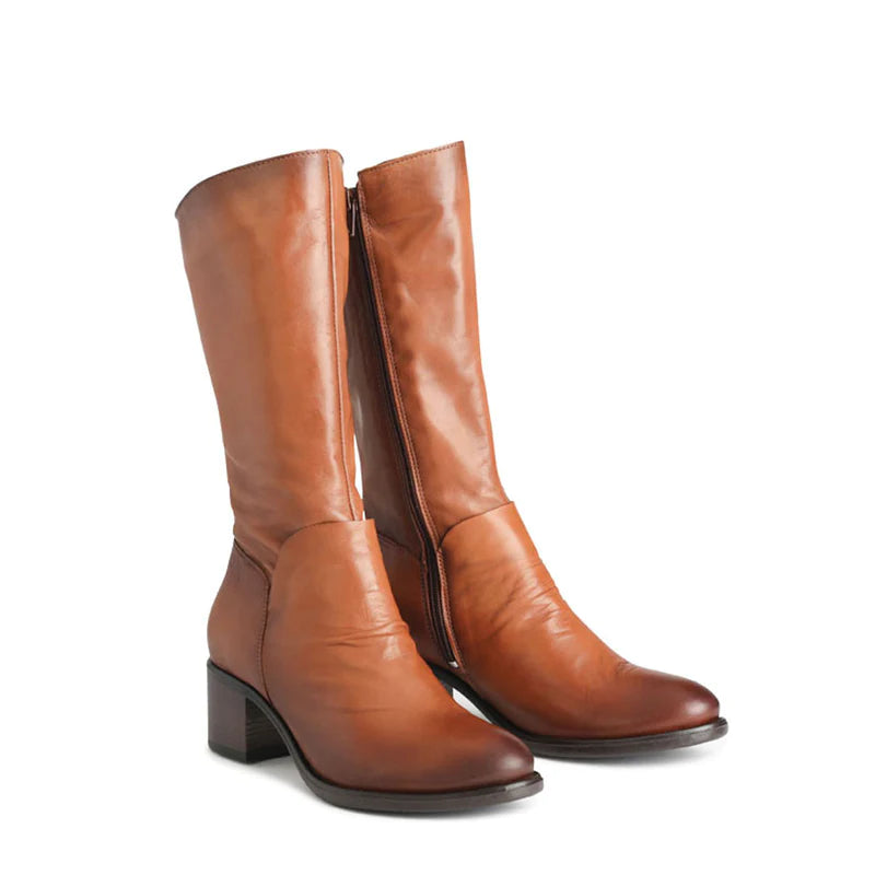 EOS Rochelle Brandy Leather Boots for Women - Stylish Knee High Boots with Chunky Heel - Perfect for Fall, Winter & Casual Outfits