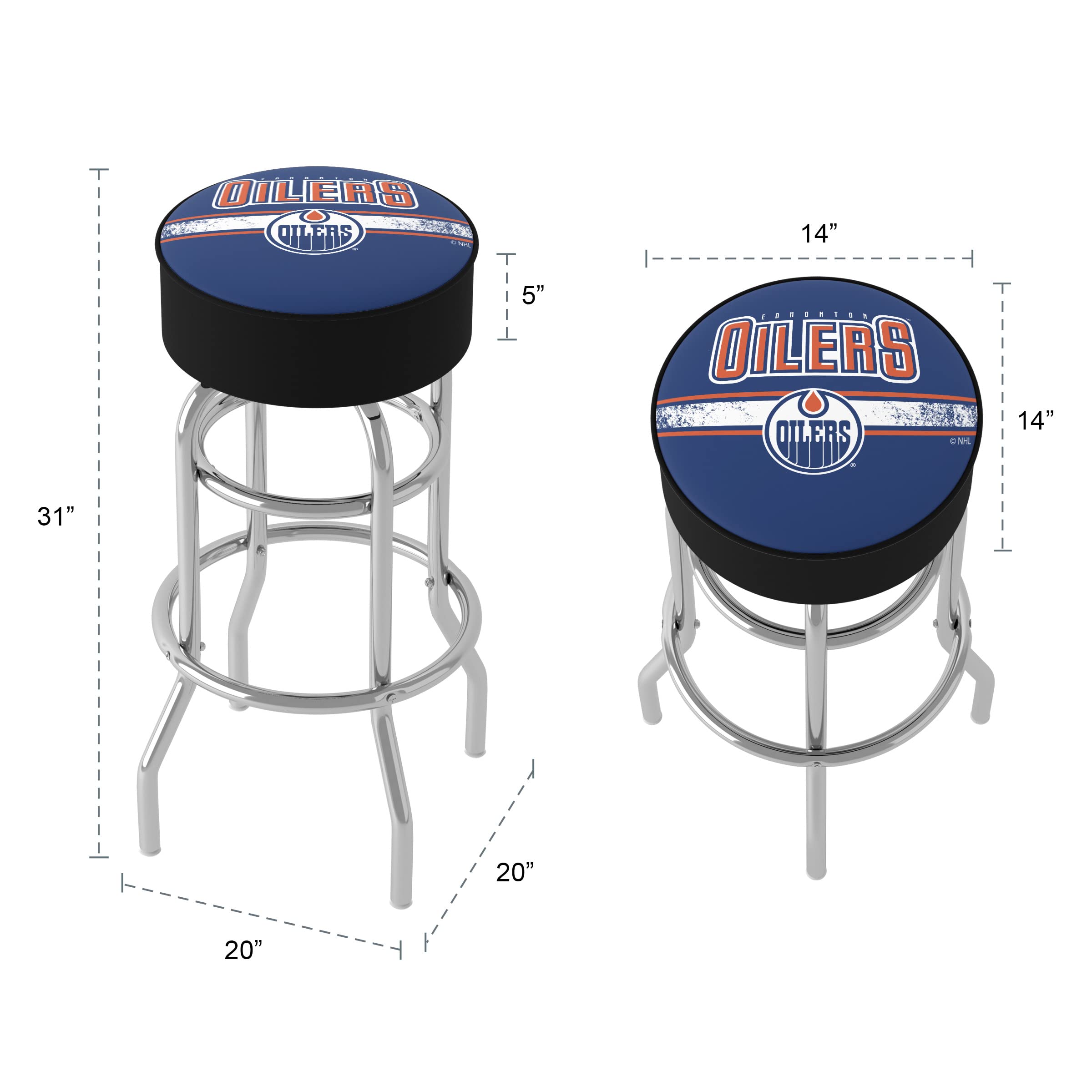 NHL Chrome Bar Stool with Swivel - Edmonton Oilers Hockey Team Themed Gameroom Furniture for Man Cave, Sports Bar & Home Decor