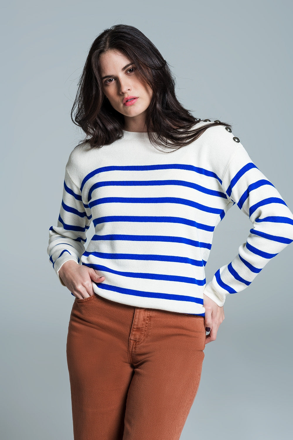 Women's White Button-Down Shoulder Stripe Blouse - Casual Office Wear & Spring Outfits