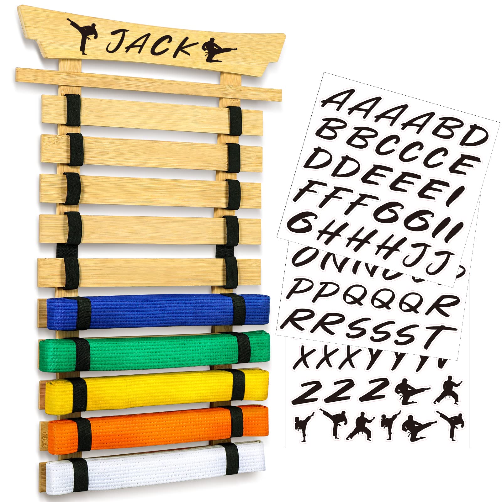 10-Piece Karate Belt Display Rack with Stickers - Taekwondo & BJJ Belt Holder for Kids & Adults - No Assembly Required Martial Arts Equipment - Perfect for Dojo, Gym & Home Organization