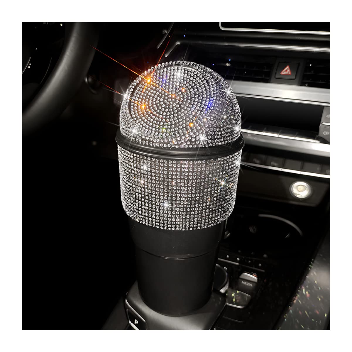 AICEL Rhinestone Car Trash Can with Lid - Mini Leakproof Garbage Bin for Auto Cup Holder, Crystal Small Trash Can for Car, Home, Office, Kitchen & Bedroom - Perfect for Road Trips, Daily Commute & Workspace Organization