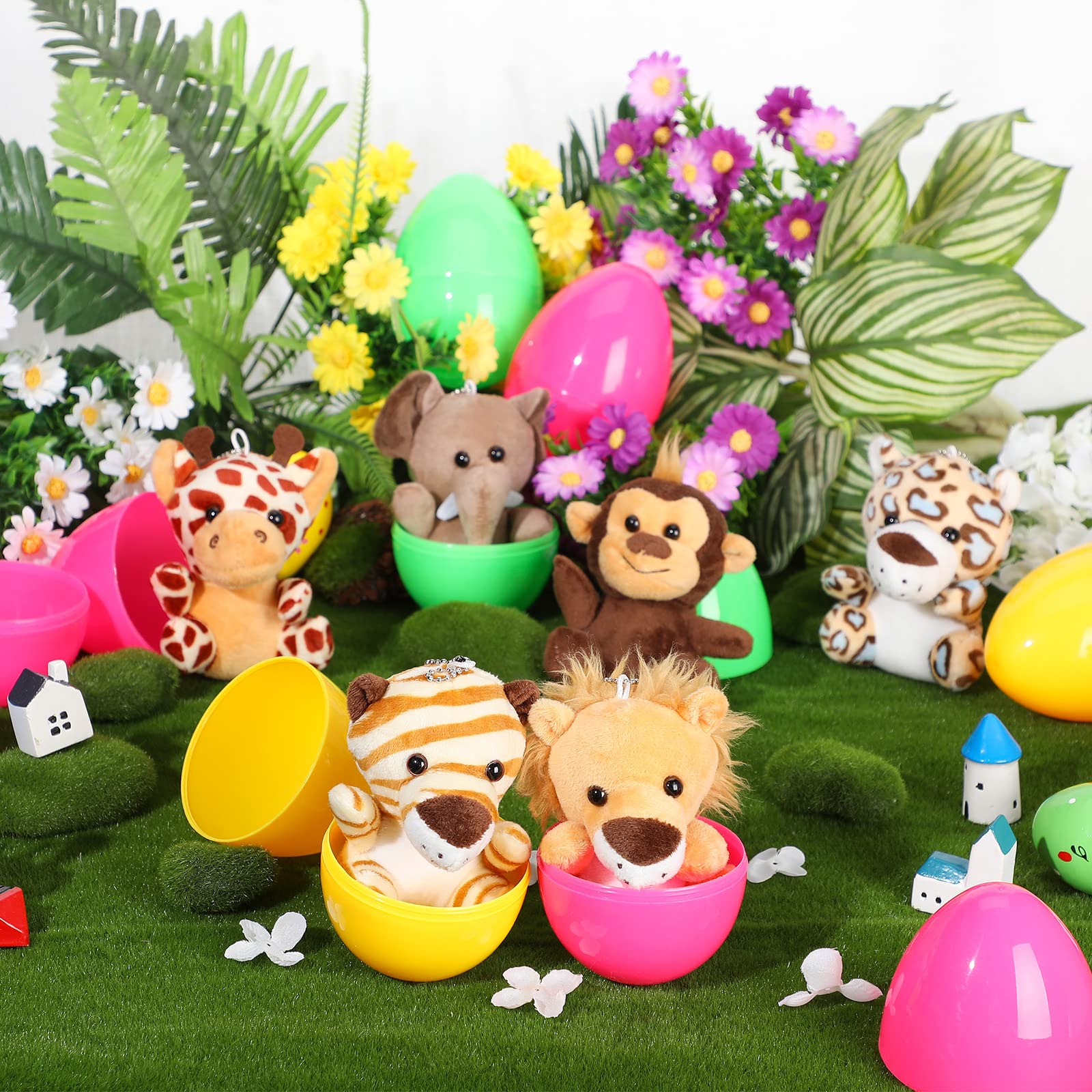 Skylety 12-Piece 4.8-Inch Stuffed Easter Eggs with Plush Forest Animals - Elephant, Giraffe & Tiger Toys Inside - Cute Easter Basket Stuffers & Party Favors for Kids' Easter Egg Hunts, Classroom Rewards & Spring Celebrations