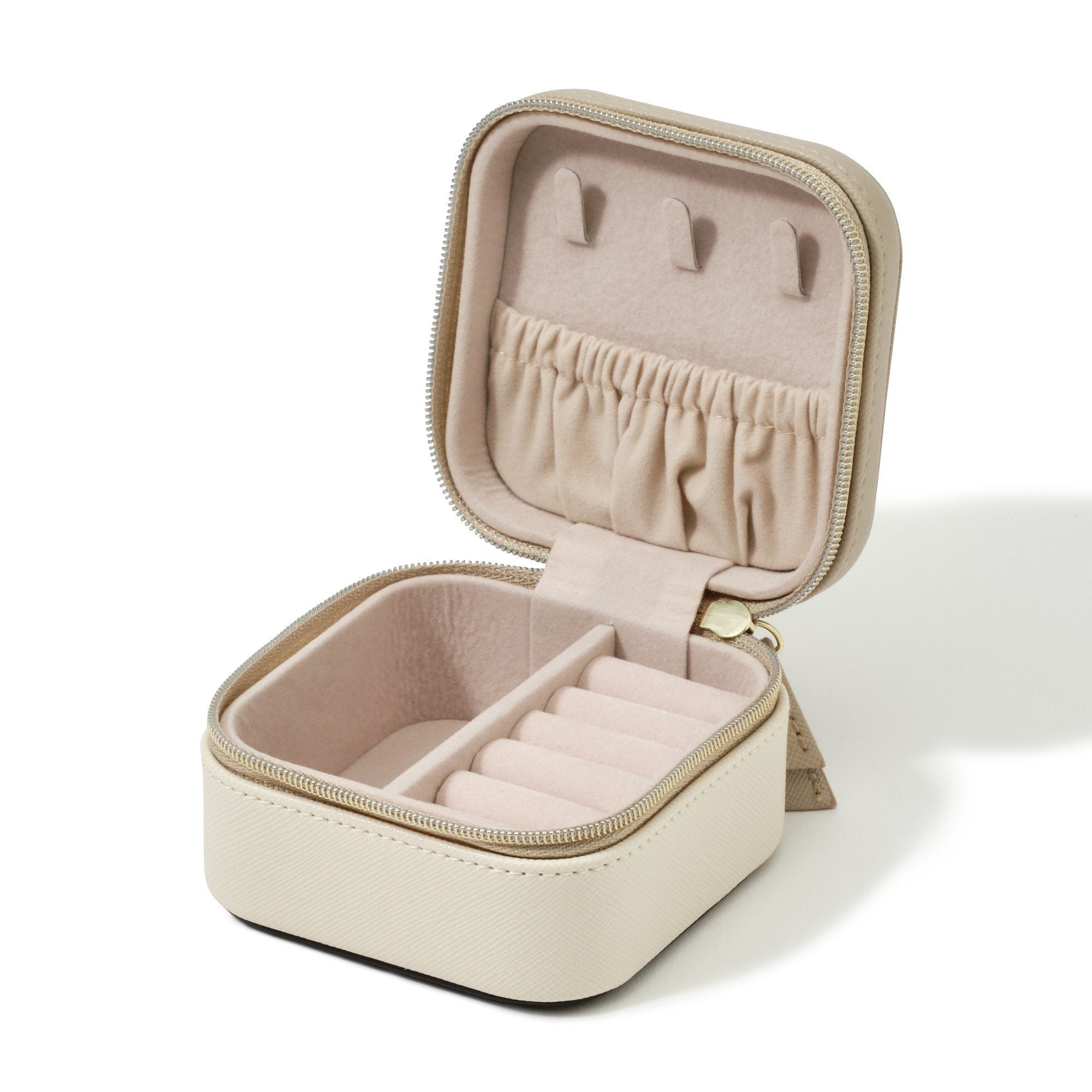 Bicolor Small Travel Jewelry Box Organizer - Beige & White Portable Jewelry Case for Necklaces, Rings & Earrings | Perfect for Vacation, Business Trips & Daily Use