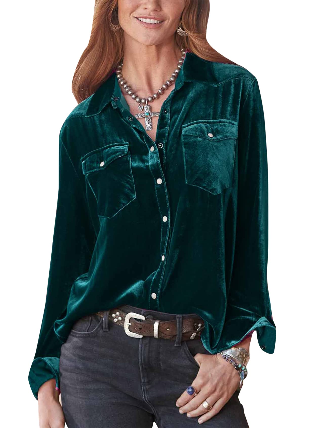 Arssm Women's Velvet Button Down Shirts - Casual Lapel Boyfriend Shirts with Pockets for Work, Date Night & Everyday Wear