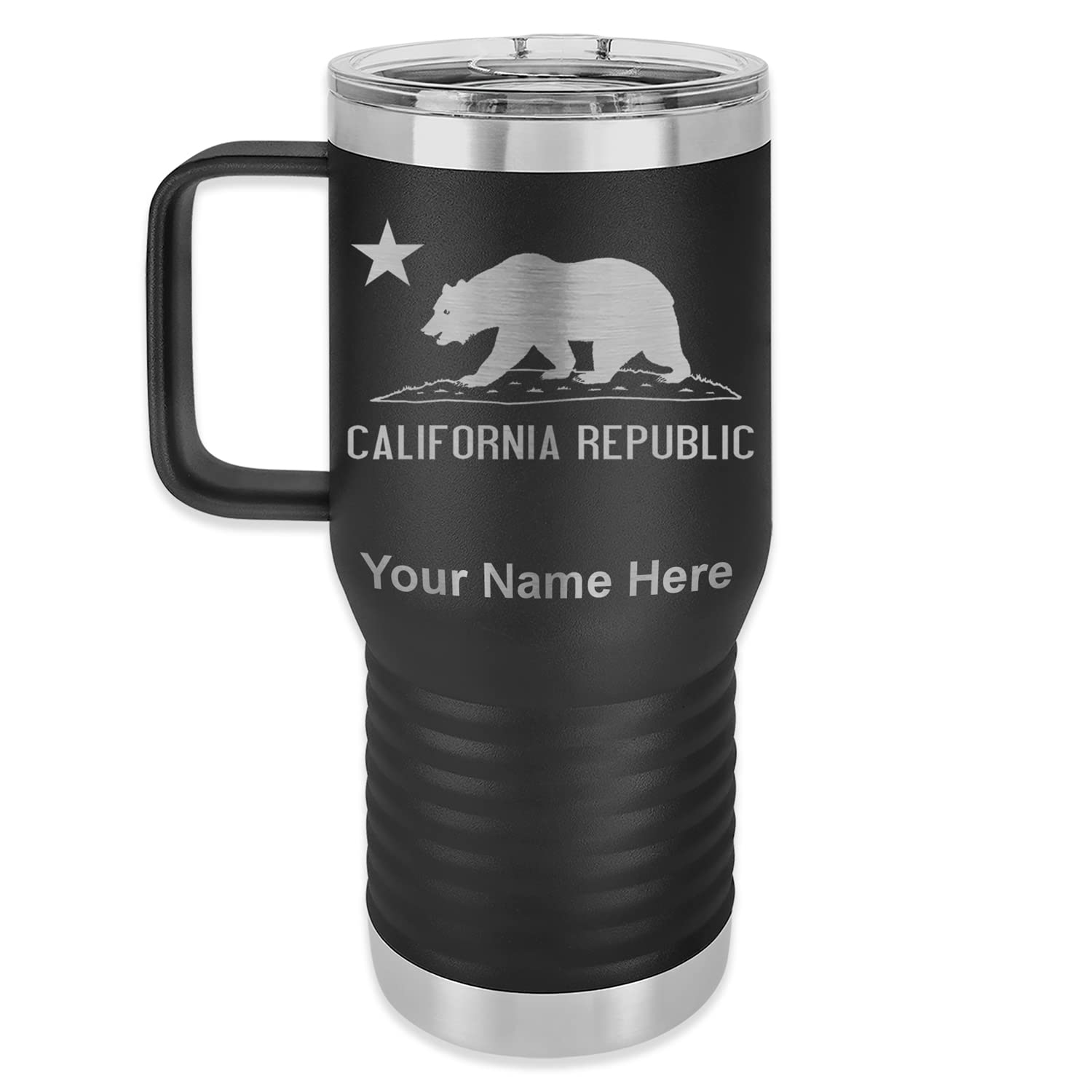 LaserGram 20oz Vacuum Insulated Stainless Steel Travel Mug with Handle - California Republic Bear Flag Design, Personalized Engraving Option, Leak Proof & Temperature Retention - Perfect for Coffee, Tea & Outdoor Adventures (Black)