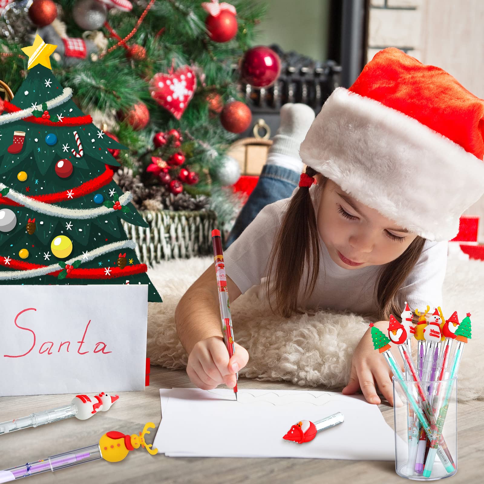 Stackable Christmas Pencils with Santa, Xmas Tree, Deer & Snowman Designs - 24-Pack Holiday Party Favors for School, Office & Kids New Year Celebrations - Perfect for Gift Exchanges, Classroom Rewards & Festive Writing