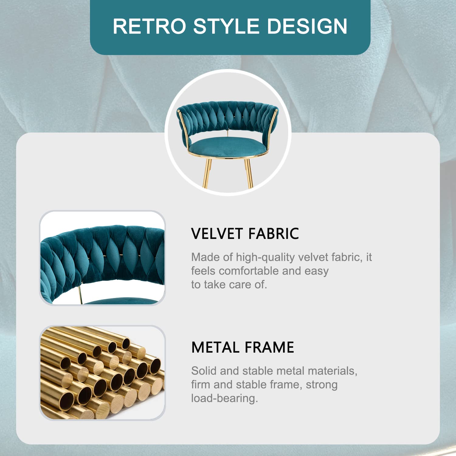 Velvet Modern Bar Stools with Woven Back & Gold Footrest - Counter Height Bar Chairs for Kitchen Island, Dining Room, Pub - Teal Velvet Upholstery - Perfect for Home Bars, Breakfast Nooks & Entertainment Areas