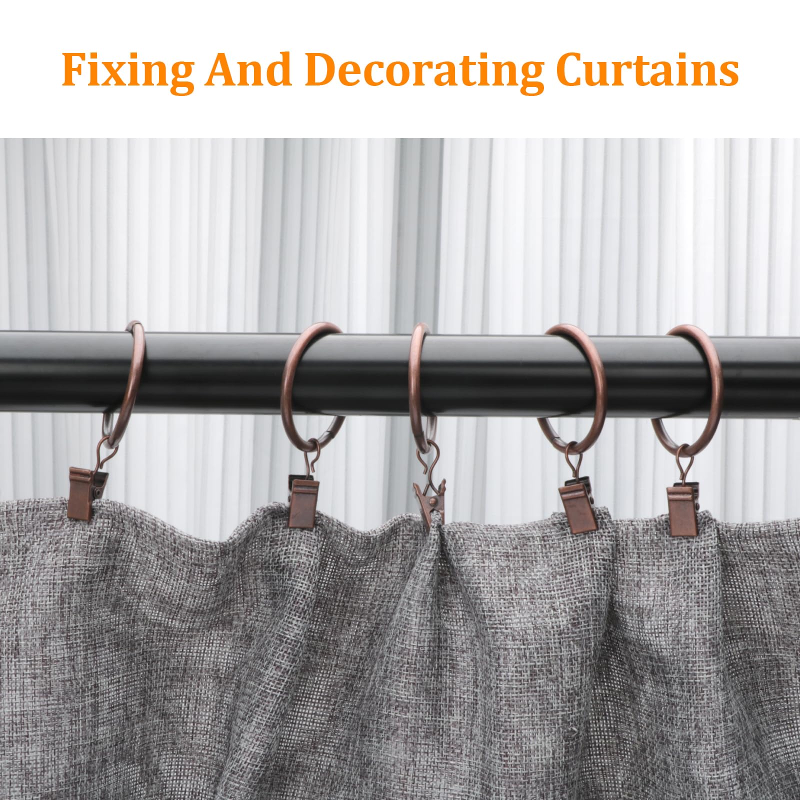 44 Pack Antique Copper Metal Curtain Rings with Clips - 1 Inch Interior Diameter Drapery Hooks for Hanging Curtains & Drapes - Perfect for Living Room, Bedroom, and Home Decor