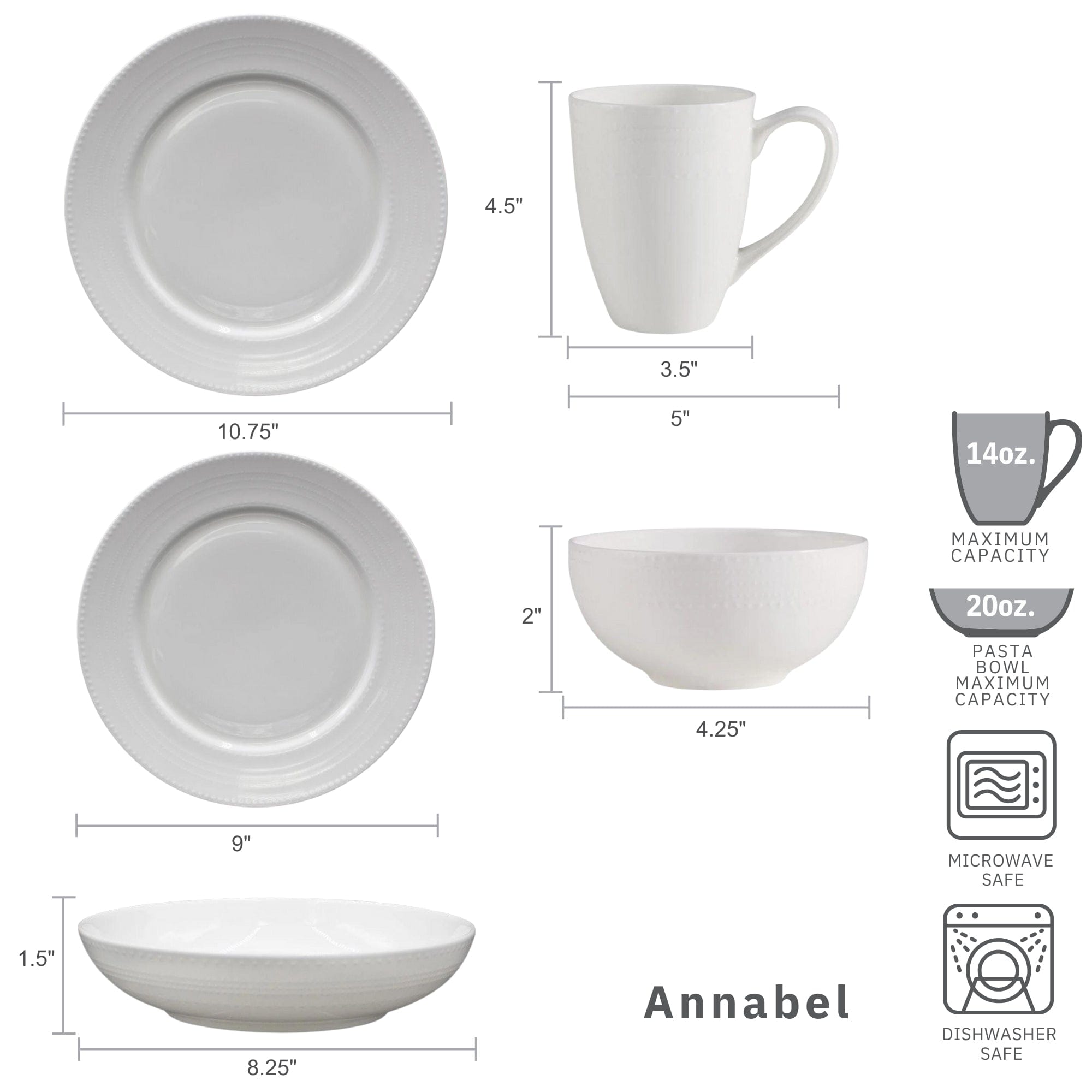 Annabel 40-Piece Dinnerware Set - Service for 8 People, Porcelain Dinner Plates, Bowls & Cups - Elegant Tableware for Family Dinners, Parties & Holiday Entertaining