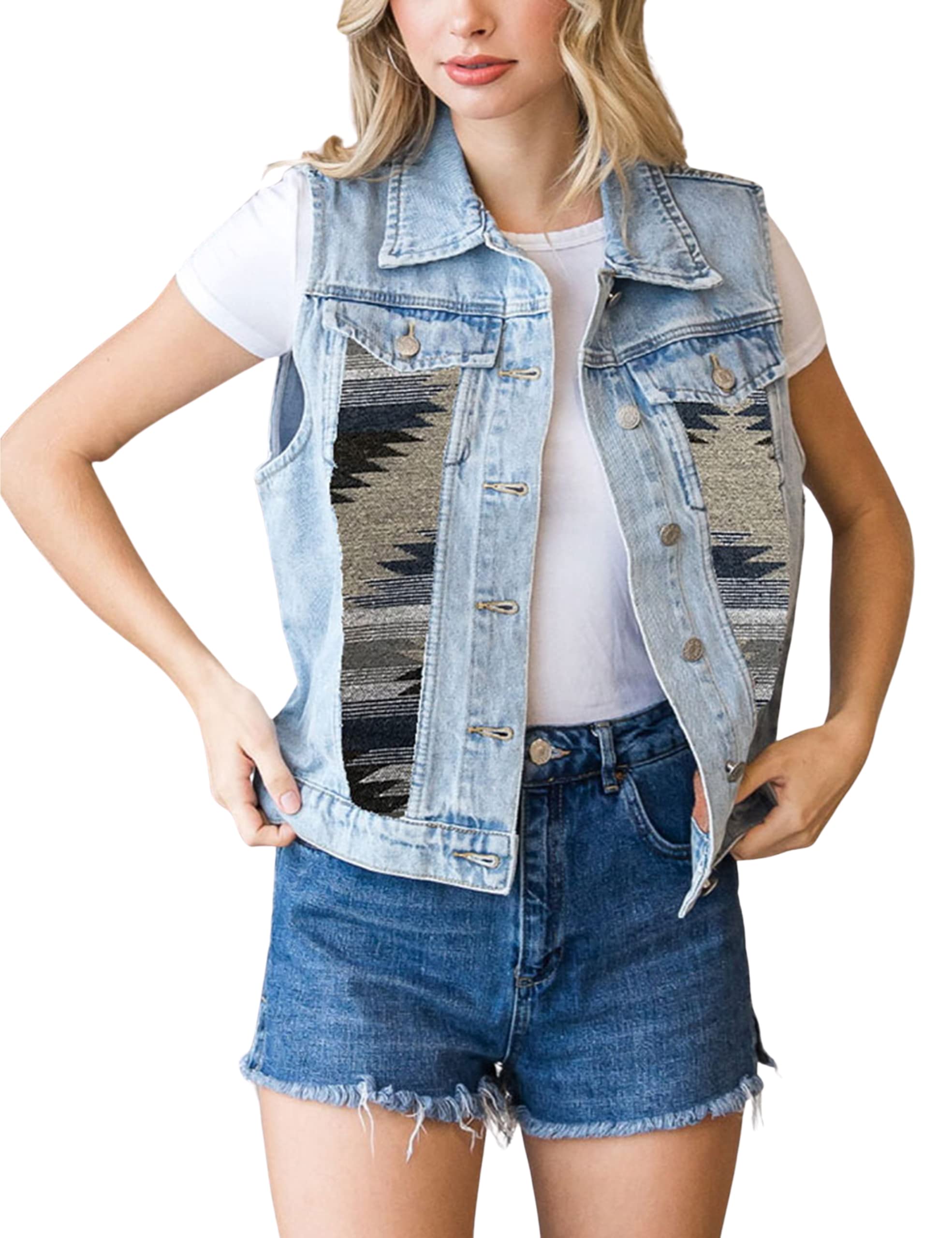 Omoone Women's Aztec Print Denim Vest - Sleeveless Button Up Cropped Jean Jacket with Lapel for Casual Outfits & Boho Style